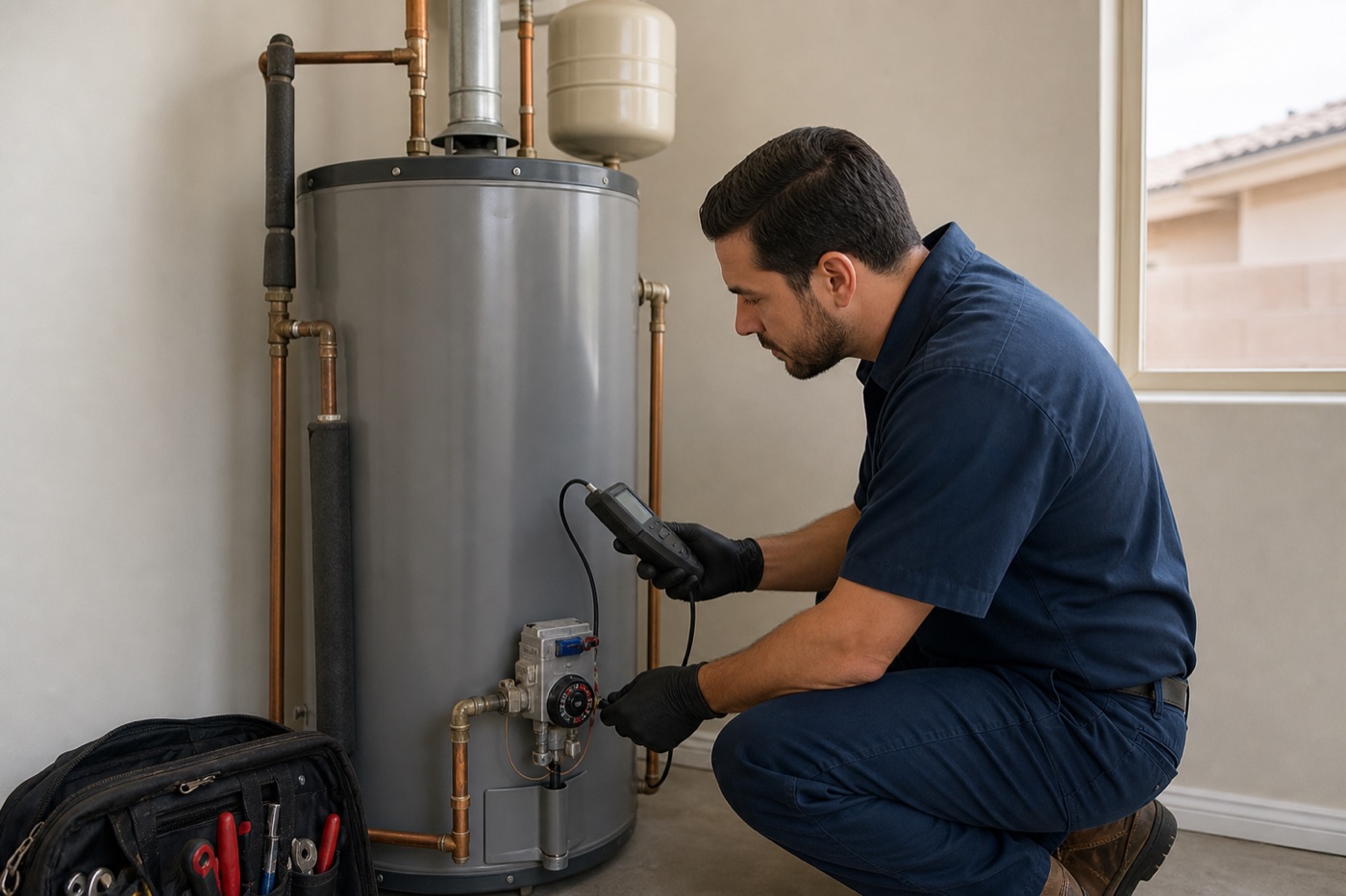 Plumber inspecting a residential water heater in Avondale